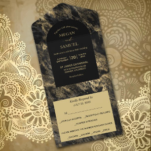 Gold Laced Smoky Black Marble Photo Wedding All In One Invitation