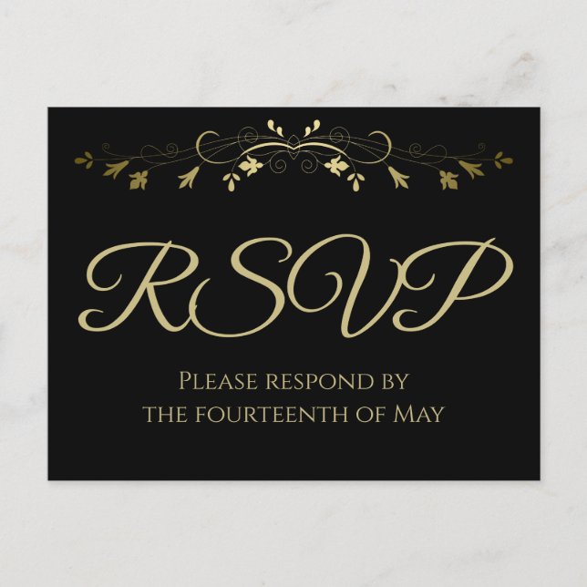 Gold Lacy Flourish on Black Elegant Wedding RSVP Postcard (Front)