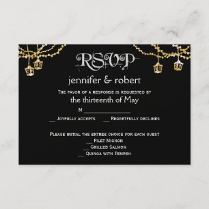 Gold Lantern Lights on Black Wedding Response Card