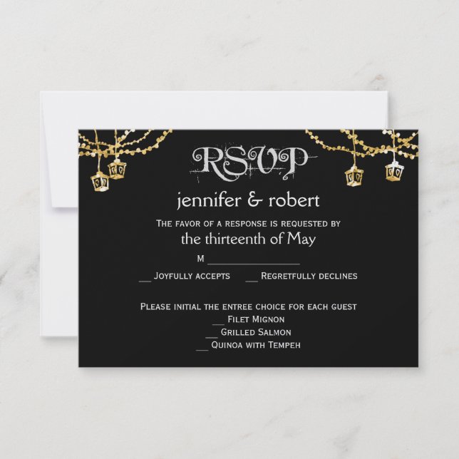 Gold Lantern Lights on Black Wedding Response Card (Front)