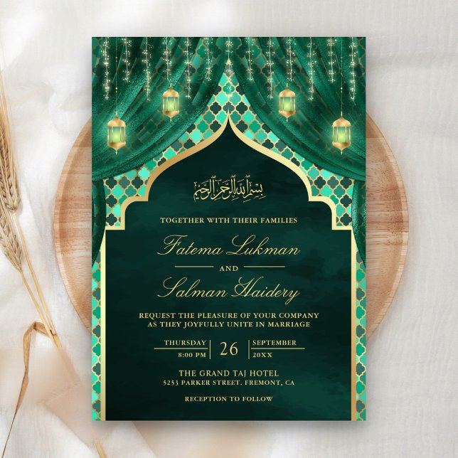 Gold Lanterns Emerald Green Curtain Muslim Wedding Invitation (Creator Uploaded)