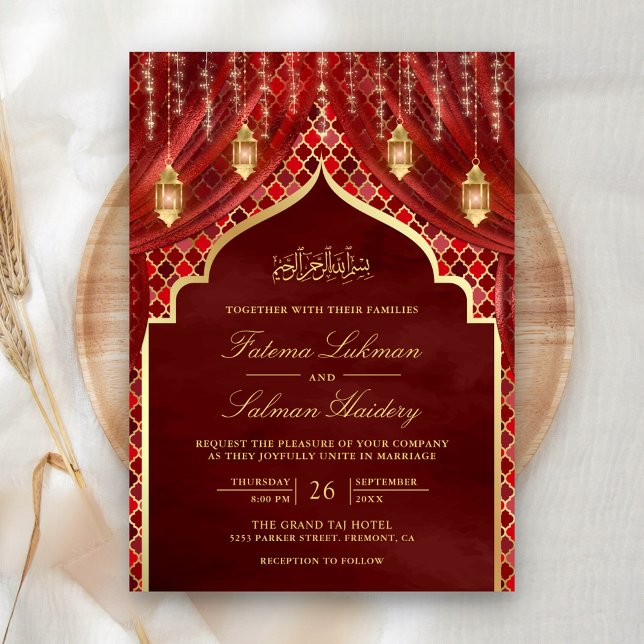 Gold Lanterns Maroon Red Curtain Muslim Wedding Invitation (Creator Uploaded)