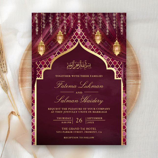 Gold Lanterns Plum Curtain Muslim Wedding Invitation (Creator Uploaded)