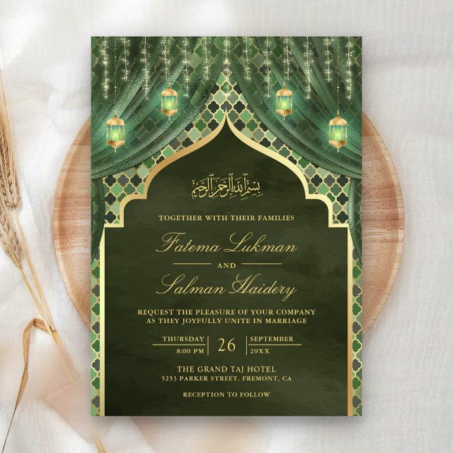 Gold Lanterns Sage Green Curtain Muslim Wedding Invitation (Creator Uploaded)