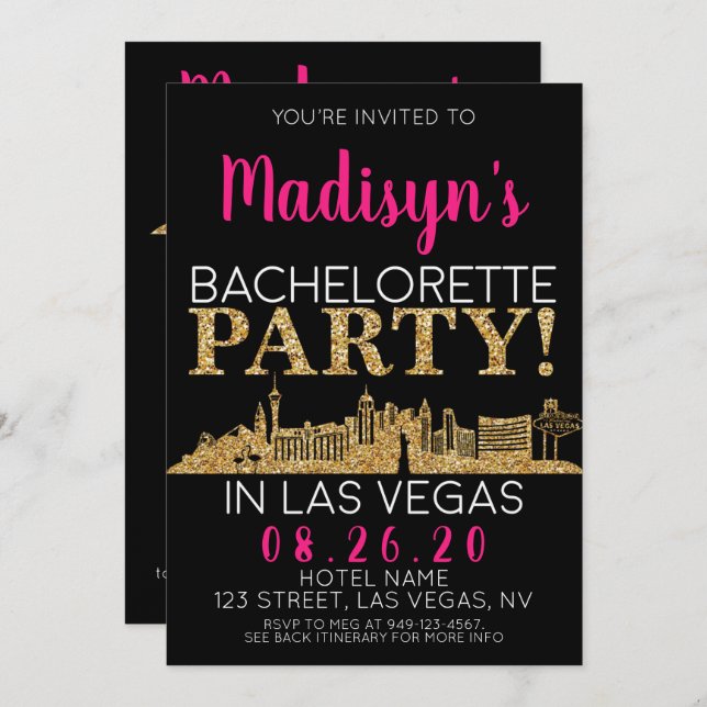 Gold Las Vegas Bachelorette Party Itinerary and Invitation (Front/Back)