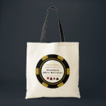 Gold Las Vegas Casino Poker Chip Birthday Tote Bag<br><div class="desc">This golden and white poker chip style tote bag would make a perfect gift for your birthday guests to carry through the night of gambling or a weekend in Las Vegas. Personalise the design with your name and birthdate # in black in the centre, and your text in a goldish...</div>