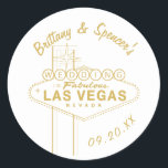 Gold Las Vegas Sign Wedding Classic Round Sticker<br><div class="desc">Customise the colour and fonts as well as the colour of the graphic. Vector illustration by Becky Nimoy</div>