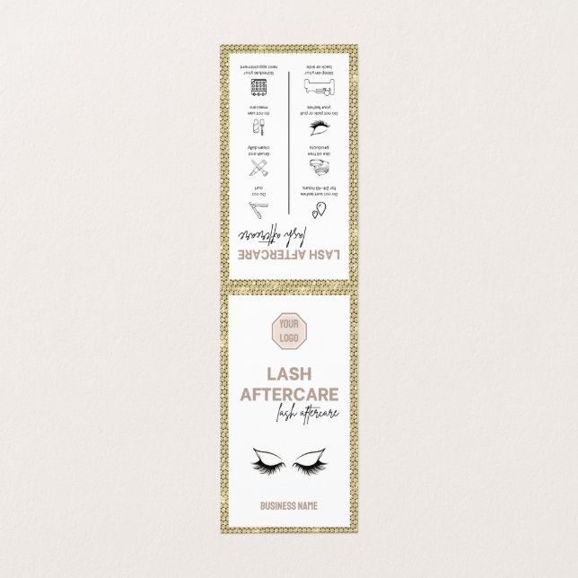 Gold Lash Aftercare Instructions Minimalist Logo Business Card (Outside Unfolded)