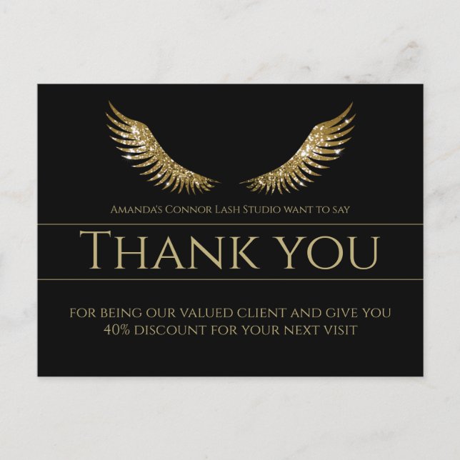 Gold Lash Wings Thank You Simple Black Postcard (Front)