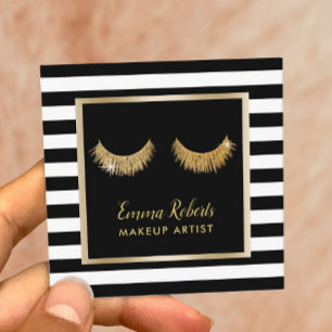 Gold Lashes Makeup Artist Modern Black Stripes Square Business Card