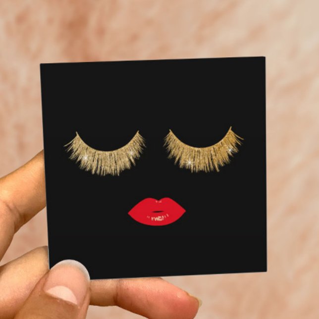 Gold Lashes & Red Lips Makeup Artist Beauty Salon Square Business Card (Creator Uploaded)