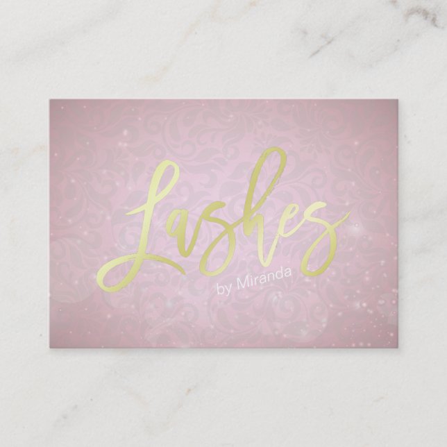 Gold Lashes Script Pink Damask Makeup Appointment Card (Front)