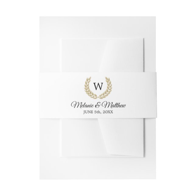 Gold Laurel Black White Monogram Wedding Invitation Belly Band (Front Example)