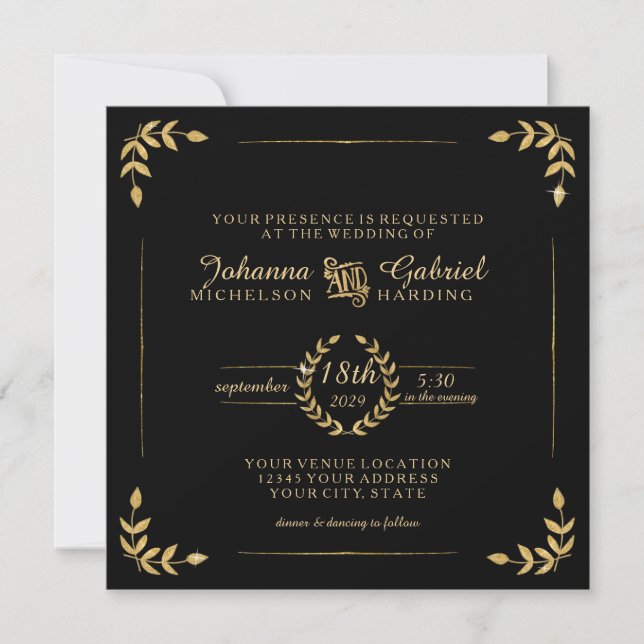 Gold Laurel Leaf Typography Modern Simple Wedding Invitation (Front)