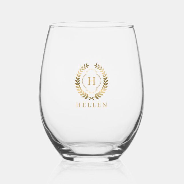 Gold Laurel Wreath Badge Custom Name Stemless Wine Glass (Front)