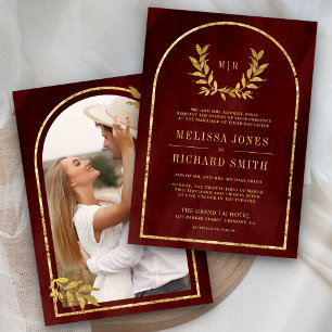 Gold Laurel Wreath Leaves Burgundy Red Wedding Invitation