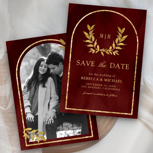 Gold Laurel Wreath Leaves Burgundy Red Wedding Save The Date (Creator Uploaded)