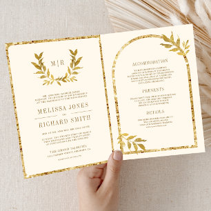 Gold Laurel Wreath Leaves Cream Wedding Invitation