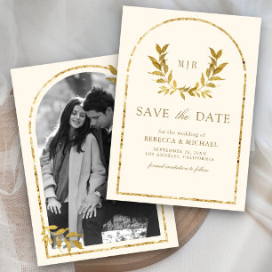 Gold Laurel Wreath Leaves Cream Wedding Save The Date