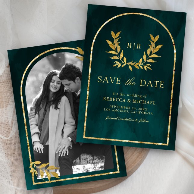 Gold Laurel Wreath Leaves Dark Teal Wedding Save The Date (Creator Uploaded)