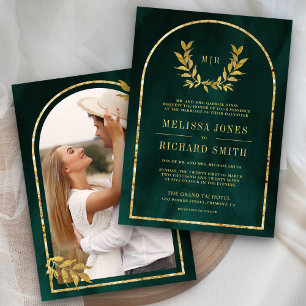 Gold Laurel Wreath Leaves Emerald Green Wedding Invitation