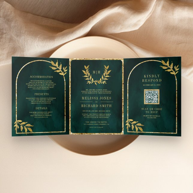 Gold Laurel Wreath Leaves Emerald Green Wedding Tri-Fold Invitation (Creator Uploaded)