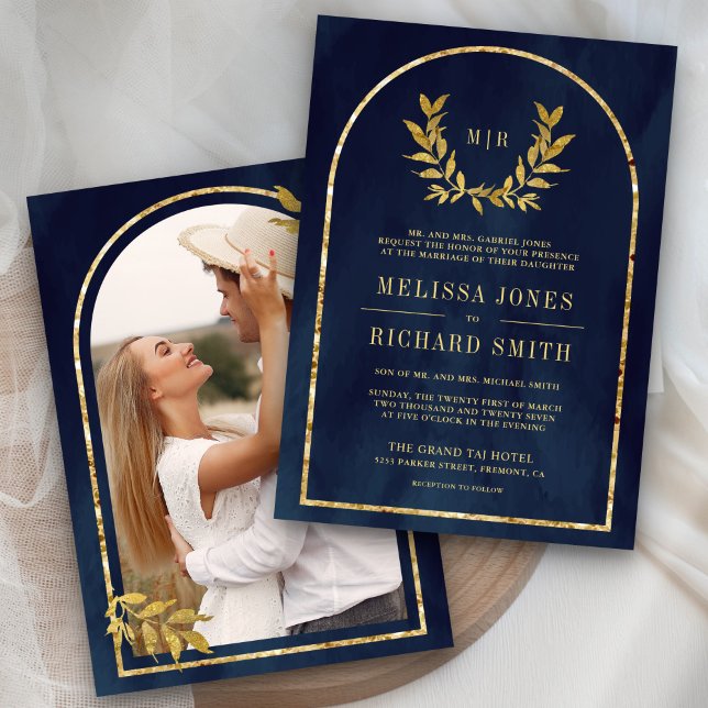 Gold Laurel Wreath Leaves Navy Blue Wedding Invitation (Creator Uploaded)