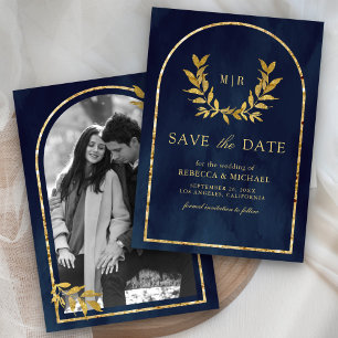 Gold Laurel Wreath Leaves Navy Blue Wedding Save The Date