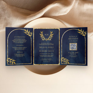 Gold Laurel Wreath Leaves Navy Blue Wedding Tri-Fold Invitation