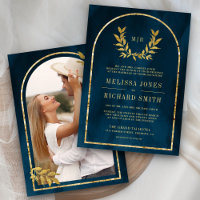 Gold Laurel Wreath Leaves Ocean Blue Wedding