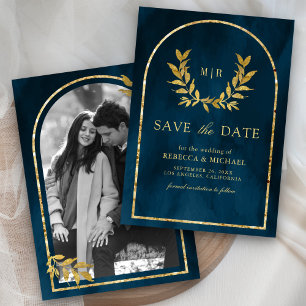 Gold Laurel Wreath Leaves Ocean Blue Wedding Save The Date