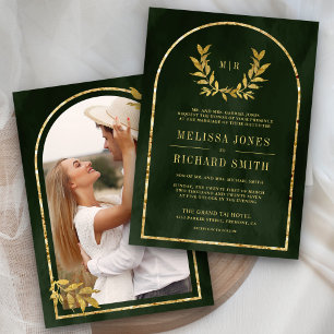 Gold Laurel Wreath Leaves Olive Green Wedding Invitation