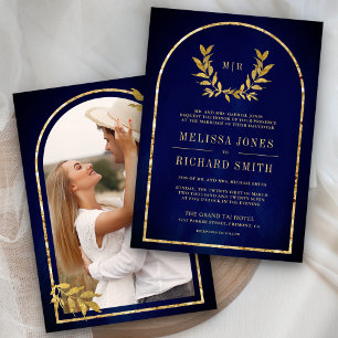 Gold Laurel Wreath Leaves Royal Blue Wedding Invitation