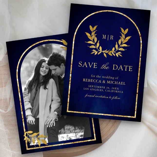 Gold Laurel Wreath Leaves Royal Blue Wedding Save The Date (Creator Uploaded)
