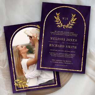 Gold Laurel Wreath Leaves Royal Purple Wedding Invitation