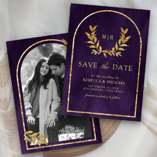 Gold Laurel Wreath Leaves Royal Purple Wedding Save The Date