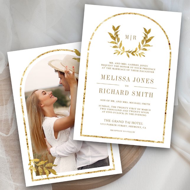 Gold Laurel Wreath Leaves White Wedding Invitation (Creator Uploaded)