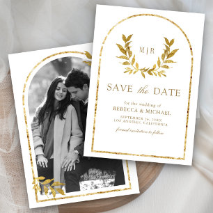 Gold Laurel Wreath Leaves White Wedding Save The Date
