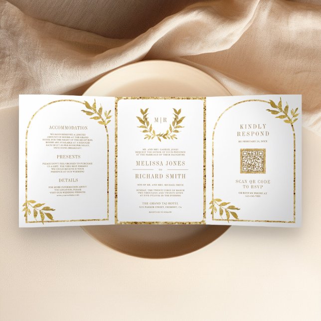 Gold Laurel Wreath Leaves White Wedding Tri-Fold Invitation (Creator Uploaded)