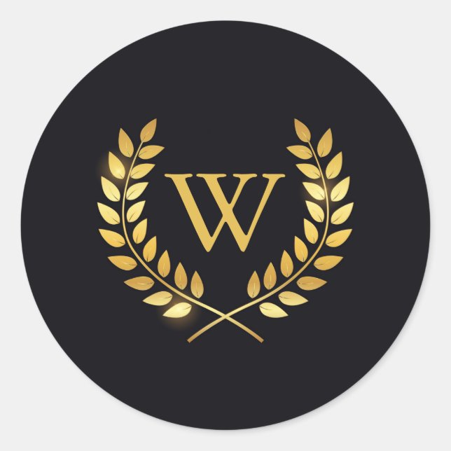 Gold Laurel Wreath Monogram Classic Round Sticker (Front)