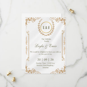 Gold Laurel Wreath Monogram Save the Date