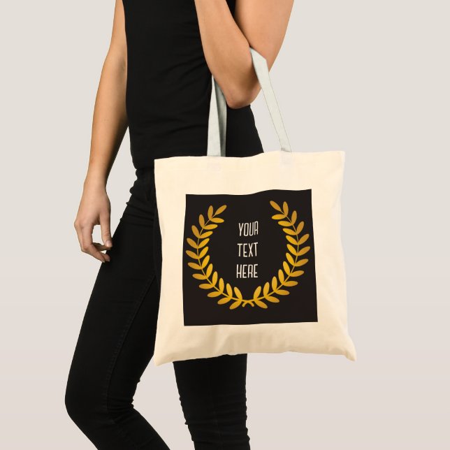 Gold laurel wreath on black with any words tote bag (Front (Product))