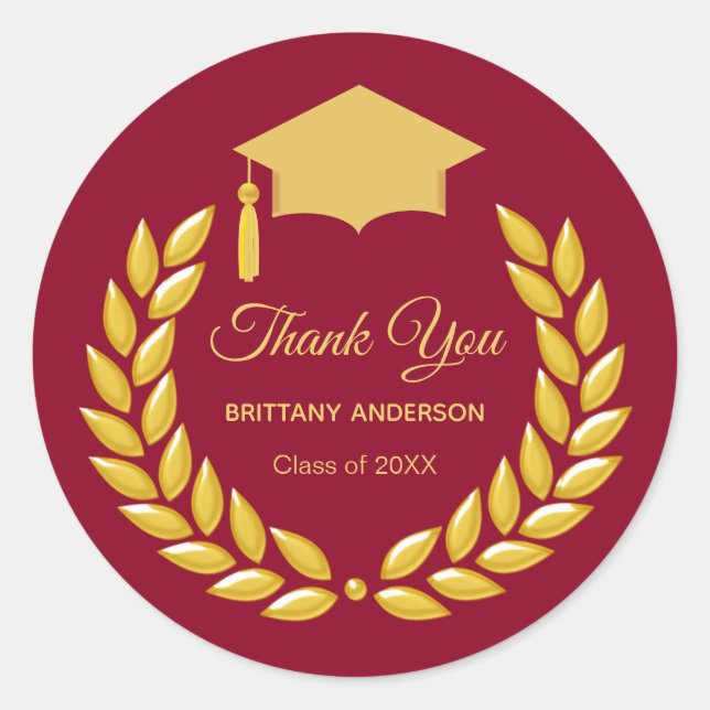 Gold Laurel Wreath on Maroon Thank You Graduation Classic Round Sticker (Front)