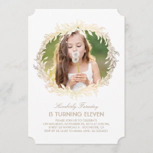 Gold Laurel Wreath White Elegant Photo Birthday Invitation