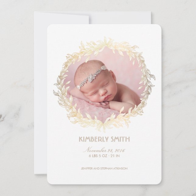 Gold Laurel Wreath White Newborn Baby Photo Birth Announcement (Front)