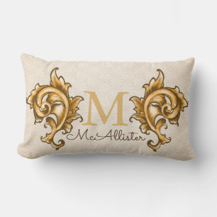 Gold Laurels Faux Woven Beige Print - Family Name Lumbar Cushion