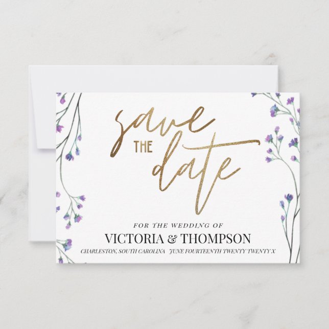 Gold Lavender Floral Rustic Wedding Save The Date (Front)
