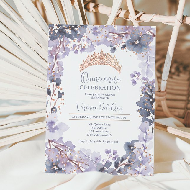Gold lavender floral tiara princess Quinceanera Invitation (Creator Uploaded)