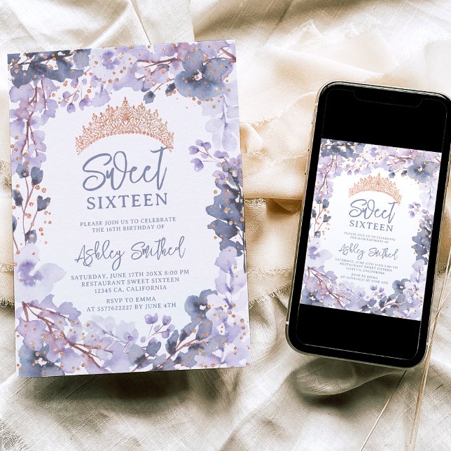 Gold lavender floral tiara princess Sweet 16 Invitation (Creator Uploaded)