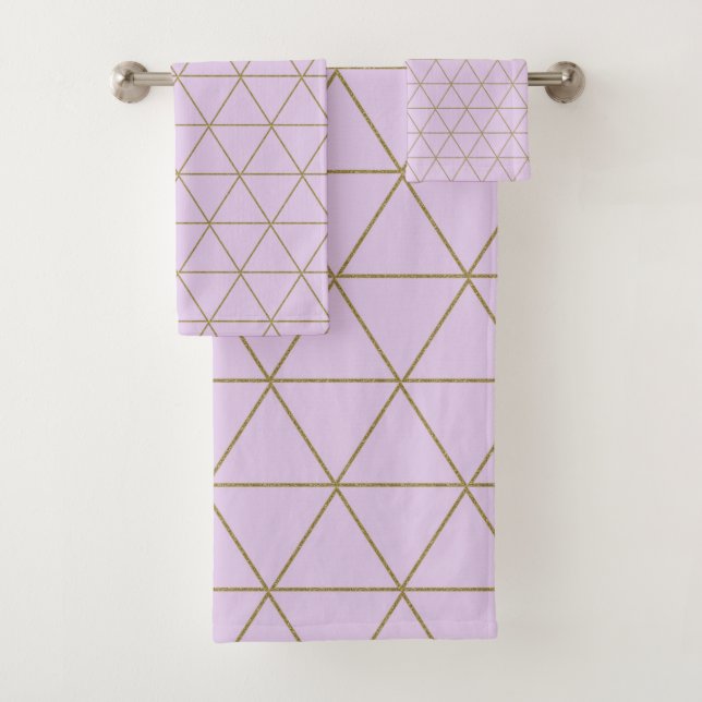 Gold Lavender Geometric Triangles Boho Glam Bath Towel Set (Insitu)